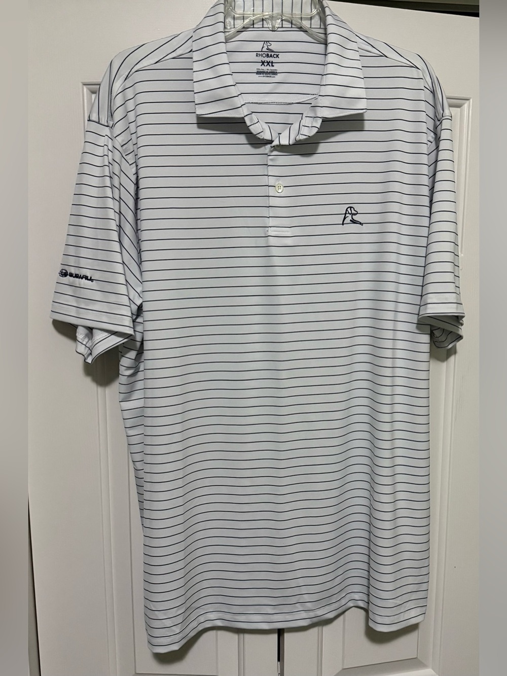 Rhoback Mens XXL Subaru On Sleeve White Blue Striped Polyester Polo Golf Shirt.